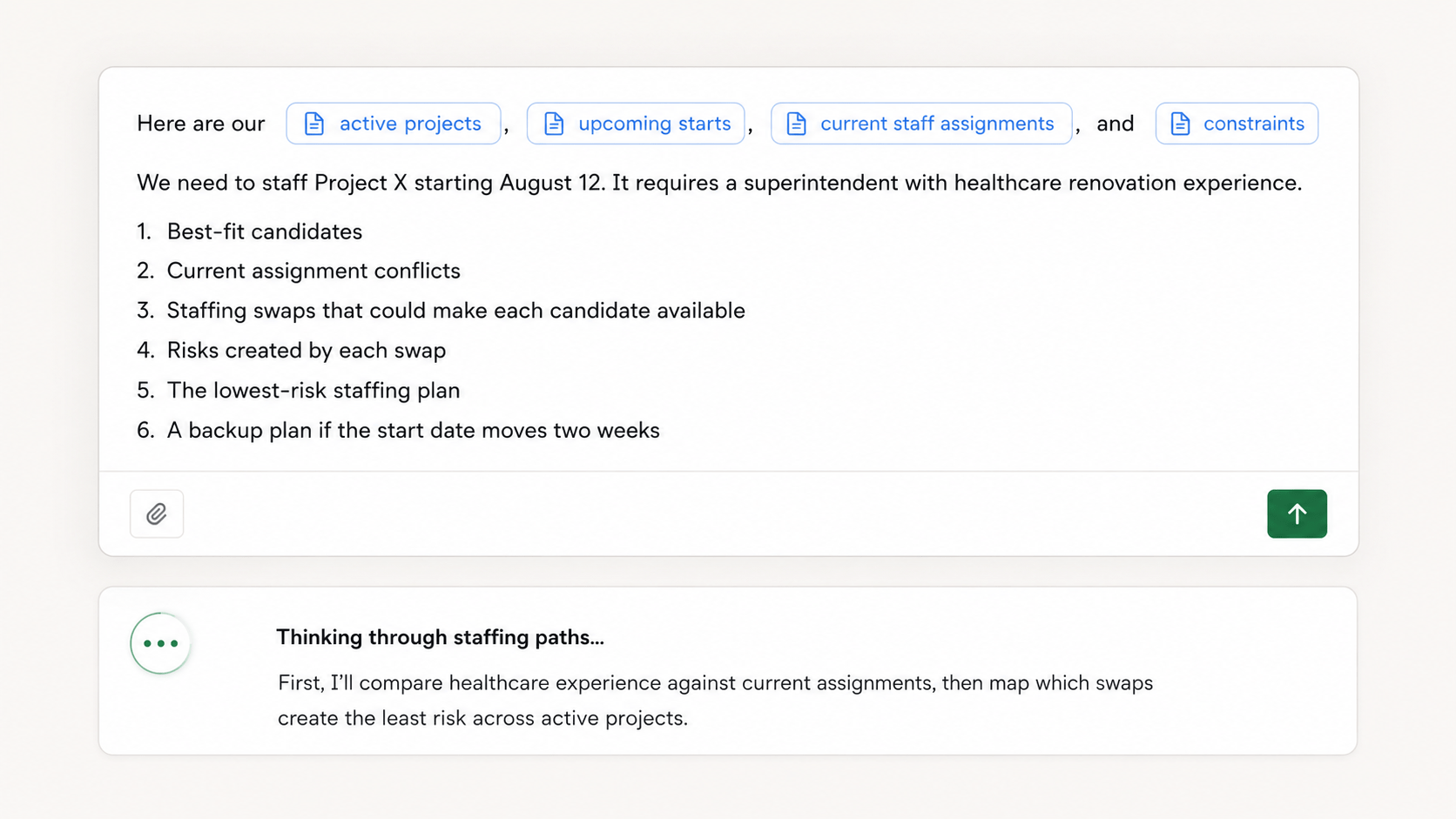 AI chat interface showing a workforce-planning prompt with context chips for active projects, upcoming starts, current staff assignments, and constraints, and the assistant beginning to reason through staffing paths