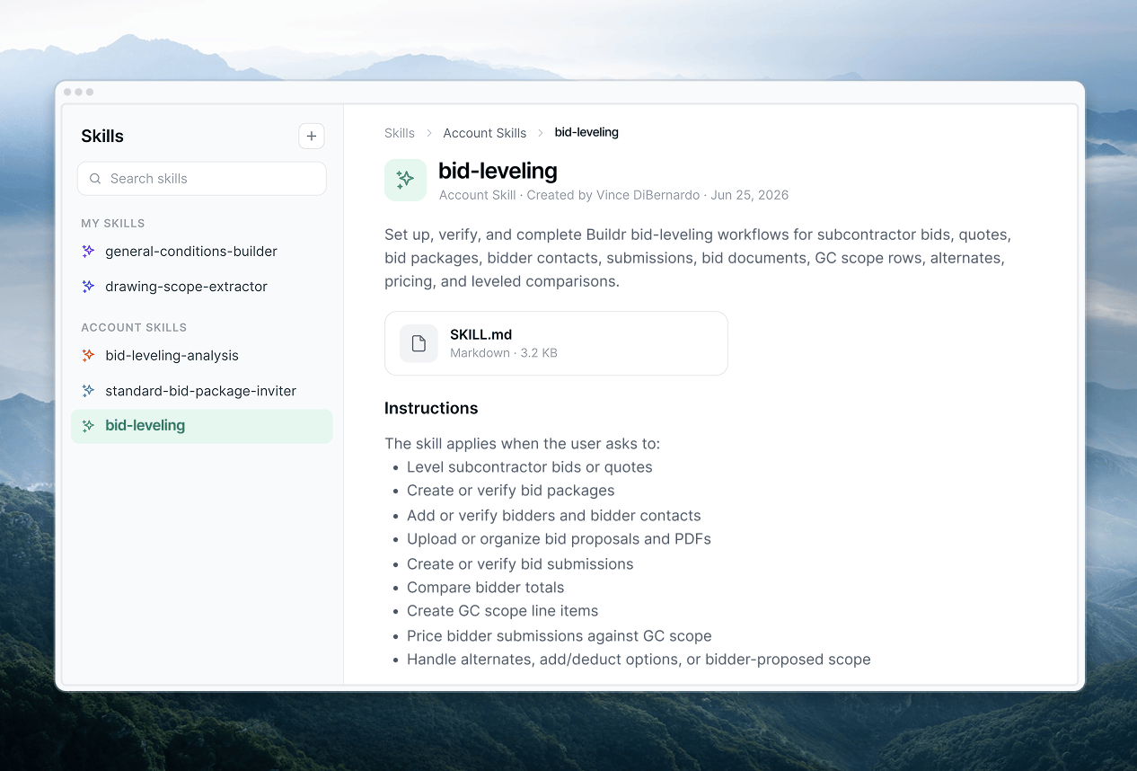 A shared bid-leveling skill gives Kit repeatable instructions for estimating workflows