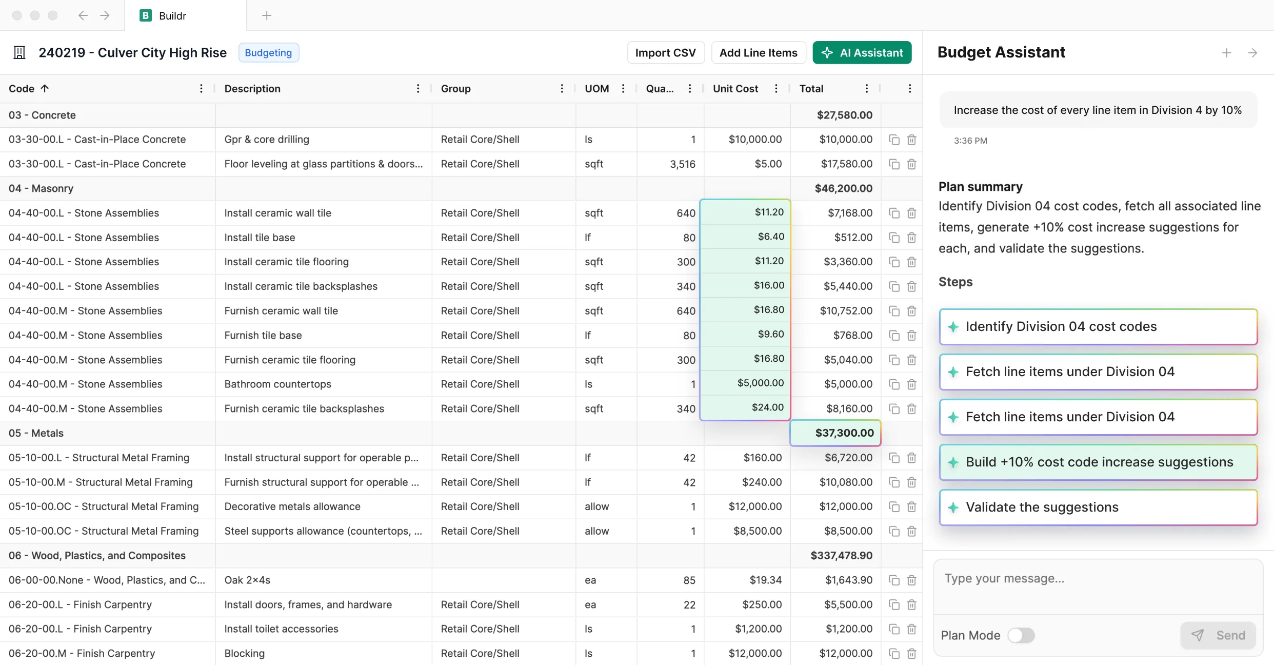 Buildr preconstruction workspace showing budget line items and an AI assistant panel