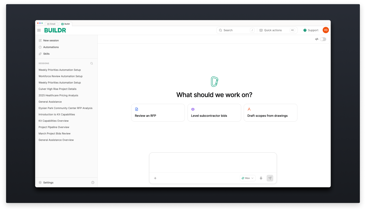 The Buildr app with Kit, the AI preconstruction agent, asking what to work on